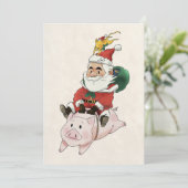 ネズミがくっついている豚に乗ったサンタのクリスマスカード 招待状 (スタンド正面)