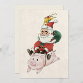 ネズミがくっついている豚に乗ったサンタのクリスマスカード 招待状 (正面/裏面)
