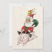 ネズミが乗ったカードのサンタが豚に乗っている 招待状 (正面)