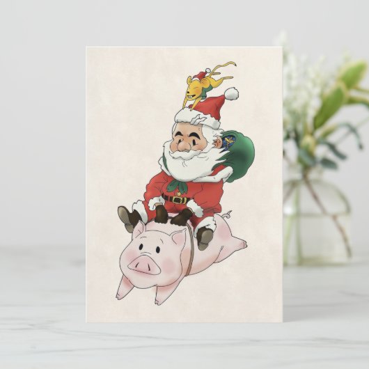 ネズミが乗ったカードのサンタが豚に乗っている 招待状 (スタンド正面)