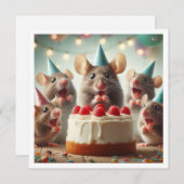 ネズミとパーティー帽子、マウス誕生日の招待 招待状 (正面/裏面)