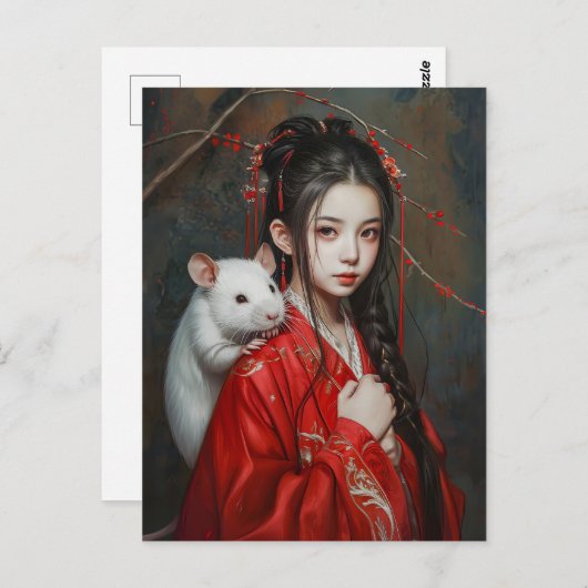 ネズミ中国の〔占星術の〕十二宮図アートの女の子 ポストカード (正面/裏面)