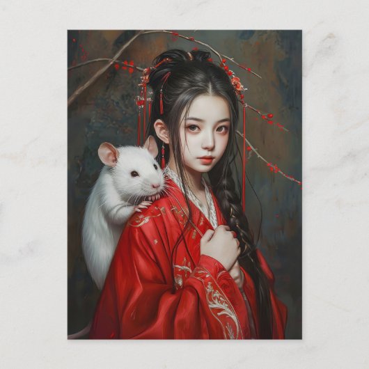 ネズミ中国の〔占星術の〕十二宮図アートの女の子 ポストカード (正面)