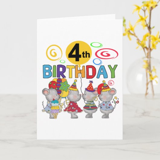 ネズミ4歳の誕生日Tシャツと贈り物 カード (黄色い花)