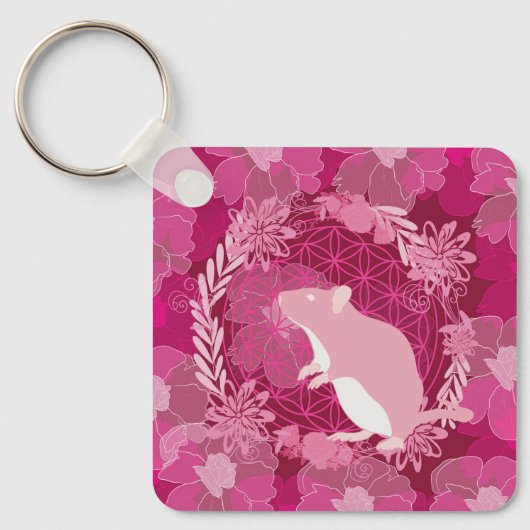 ネズミ、花、バラ、マンダラ、禅、チャクラ、パテ キーホルダー (正面)