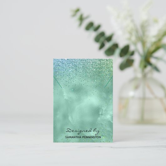 ネックレス表示ティール（緑がかった色）フェイクフォイルグリッター 名刺 (スタンド正面)