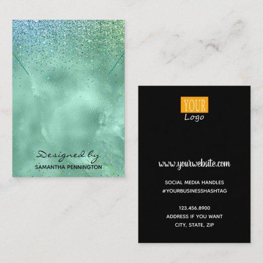 ネックレス表示ティール(緑がかった色)フェイクフォイルグリッター 名刺 (正面/裏面)