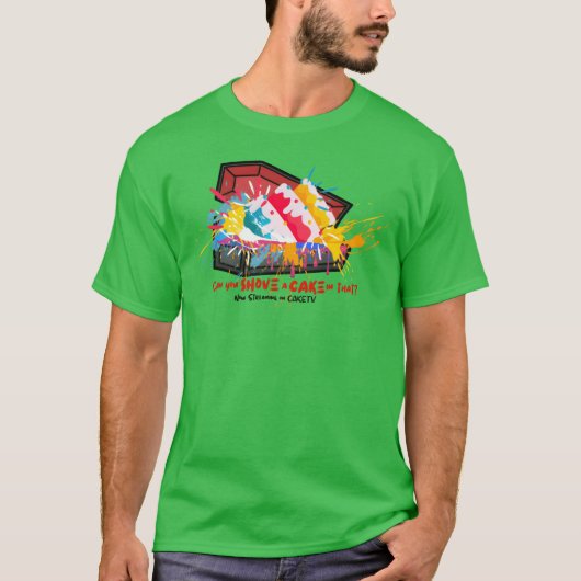 ネットのバクショーでケーキを棺桶に押し込む Tシャツ (正面)