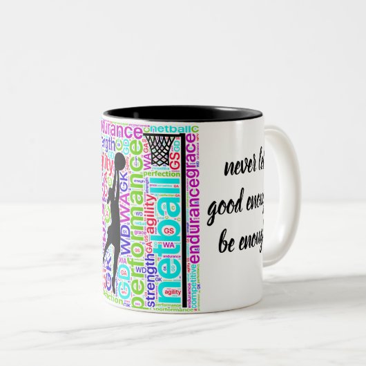 ネットボールは単語およびやる気を起こさせるな引用文を置きます ツートーンマグカップ (正面右)