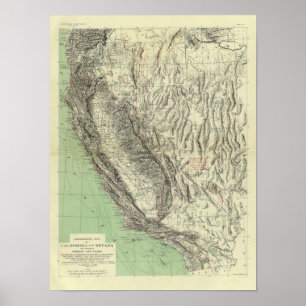 ネバダ州，カリフォルニア州，地形図 ポスター