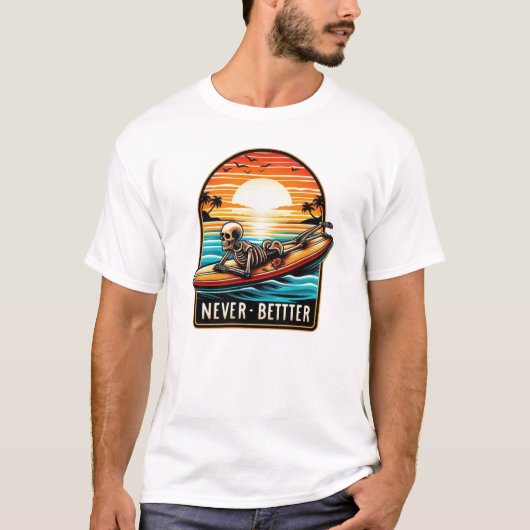 ネバーベター – スケルトンサーフィンサンセットウェーブ Tシャツ (正面)