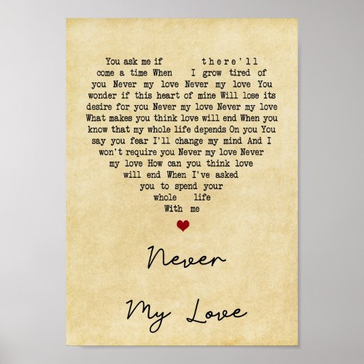 ネバーマイラブヴィンテージハートソングリリックプリント ポスター (正面)