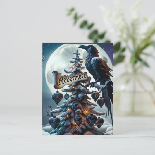 ネバーモアのゴシック様式のクリスマスツリーとハートレイヴン ポストカード (スタンド正面)