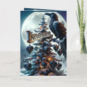 ネバーモアのゴシック様式のクリスマスツリーとハートレイヴン 箔グリーティングカード (裏面)