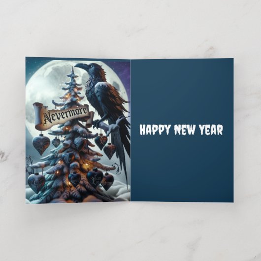 ネバーモアのゴシック様式のクリスマスツリーとハートレイヴン 箔グリーティングカード (内側レイダウン)