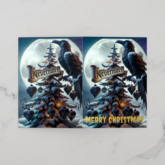 ネバーモアのゴシック様式のクリスマスツリーとハートレイヴン 箔グリーティングカード (外側レイダウン)