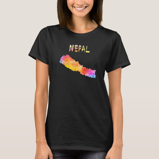 ネパールの地図ネパールカラフルの地図ウォーターカラーのイルスト Tシャツ (正面)