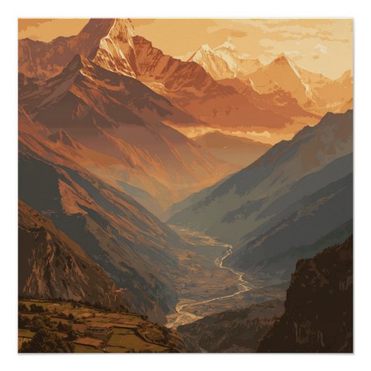 ネパールの巨大な山々の峰々 ビンテージ風景 ポスター (正面)