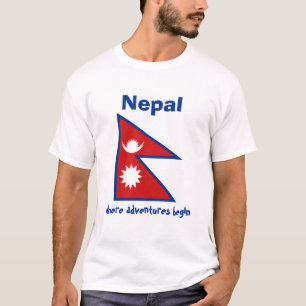 ネパールの旗 + 地図 + 文字のTシャツ Tシャツ