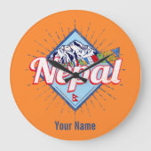 ネパールウィズマウンテンズレトロフラッグヴィンテージホリデー ラージ壁時計 (正面)