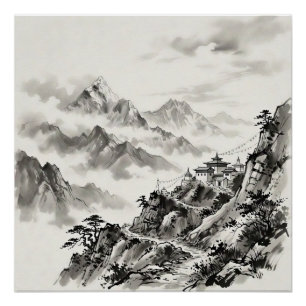 ネパール・ヒマラヤの水墨画風景 ポスター