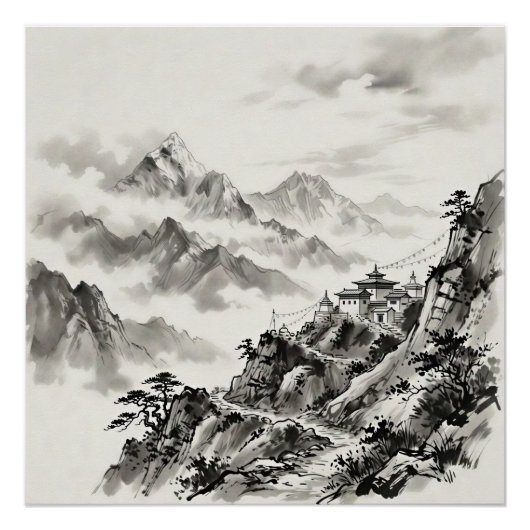 ネパール・ヒマラヤの水墨画風景 ポスター (正面)