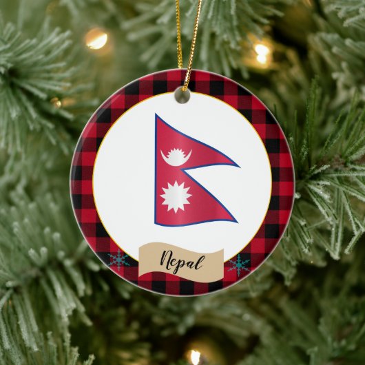 ネパール、レッドバッファロープレイド&ネパール国旗 セラミックオーナメント (ツリー)
