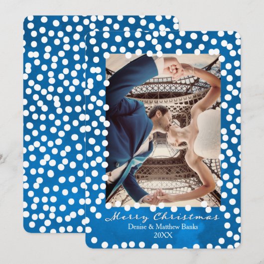 ネビュラブルーの大きな雪の点々が輝くクリスマスカード 招待状 (正面/裏面)