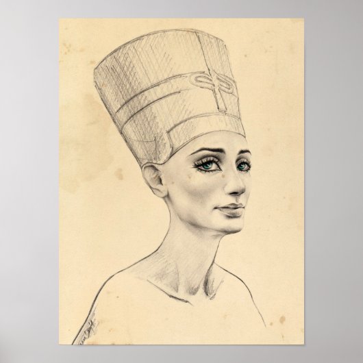 ネフェルティティの肖像画 古代エジプトのパピルス ポスター (正面)