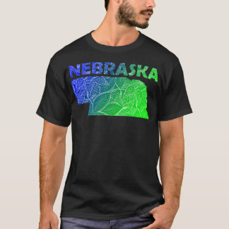 ネブラスカ州のカラフルなマンダラアートマップ(青と黄色の文字付き) Tシャツ