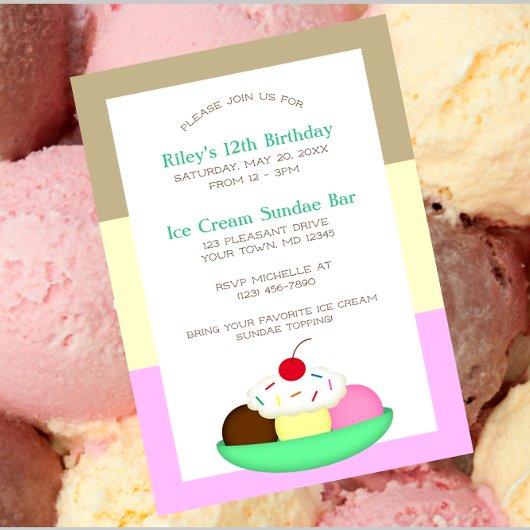 ネポリタンストライプアイスクリームサンデ誕生日招待状 ポストカード