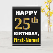 ネーはっきりしたムカード付き、黒、フェイク金ゴールド25番目の誕生日 カード (黄色い花)