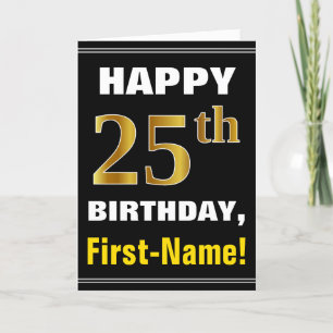ネーはっきりしたムカード付き、黒、フェイク金ゴールド25番目の誕生日 カード
