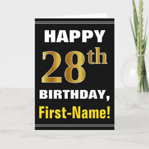 ネーはっきりしたムカード付き、黒、フェイク金ゴールド28番目の誕生日 カード