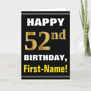 ネーはっきりしたムカード付き、黒、フェイク金ゴールド52番目の誕生日 カード