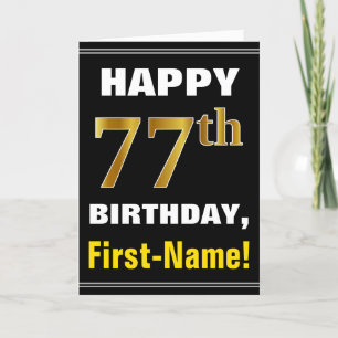 ネーはっきりしたムカード付き、黒、フェイク金ゴールド77番目の誕生日 カード