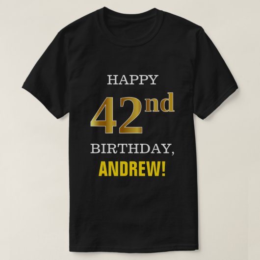 ネーはっきりしたムシャフェイクツ付き、黒、金ゴールド42誕生日 Tシャツ (デザイン正面)