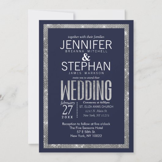 ネーシンプルビーブルーシルバーグリッターセー結婚キンズ 招待状 (正面)