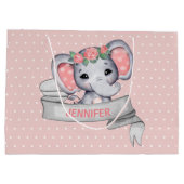 ネーパーソナライズされたムエレファントベビーガールピンク&グレー ラージペーパーバッグ (裏面)