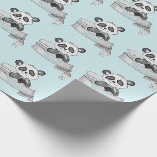 ネーパーソナライズされたムハッピーパンダ男の赤ちゃんブルー&グレー ラッピングペーパー (角)