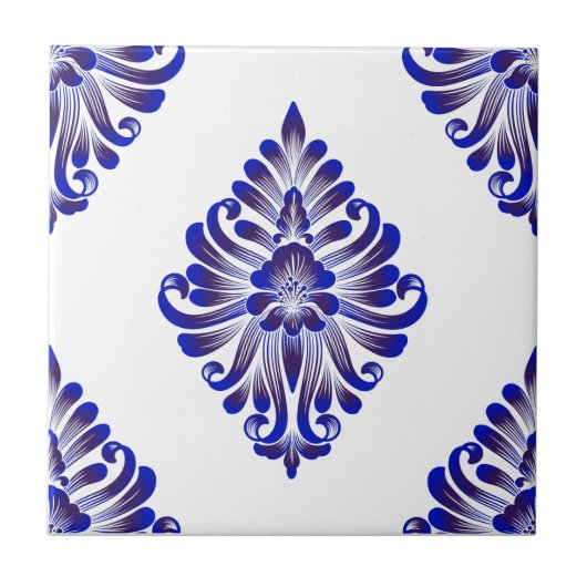 ネービエレガントーブルーアンドホワイトダマスクパターン タイル (正面)