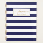 ネービエレガントーブルーホワイトストライプ プランナー手帳<br><div class="desc">このプランナーエレガントは、濃紺と白ストライプのの模様です。お好みの名前や文字でカスタマイズできます。金ゴールドの色。</div>