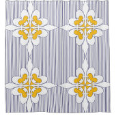 ネービエレガントーブルー，ストライプマスタードイエロー，白 シャワーカーテン (正面)