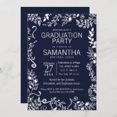 ネービエレガントー·ブルー·アンド·ホワイト·フローラ卒業 招待状 (正面/裏面)