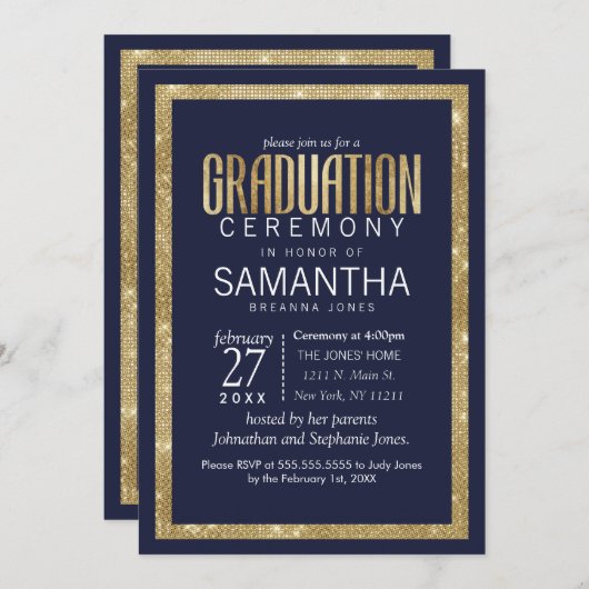 ネービエレガントー·ブルー·金ゴールド·シークイン卒業 招待状 (正面/裏面)