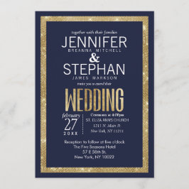 ネービエレガントー·ブルー·金ゴールド·モダンセー結婚キンズ 招待状