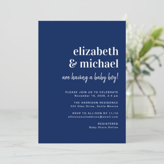 ネービミニマルーカップルズ男の赤ちゃんシャワー 招待状 (スタンド正面)