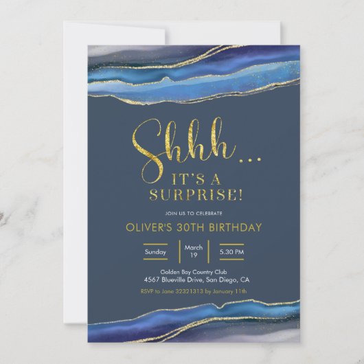 ネービモダンーブルーアゲートサプライズ誕生日 招待状 (正面)