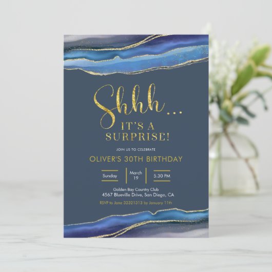 ネービモダンーブルーアゲートサプライズ誕生日 招待状 (スタンド正面)