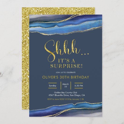 ネービモダンーブルーアゲートサプライズ誕生日 招待状 (正面/裏面)